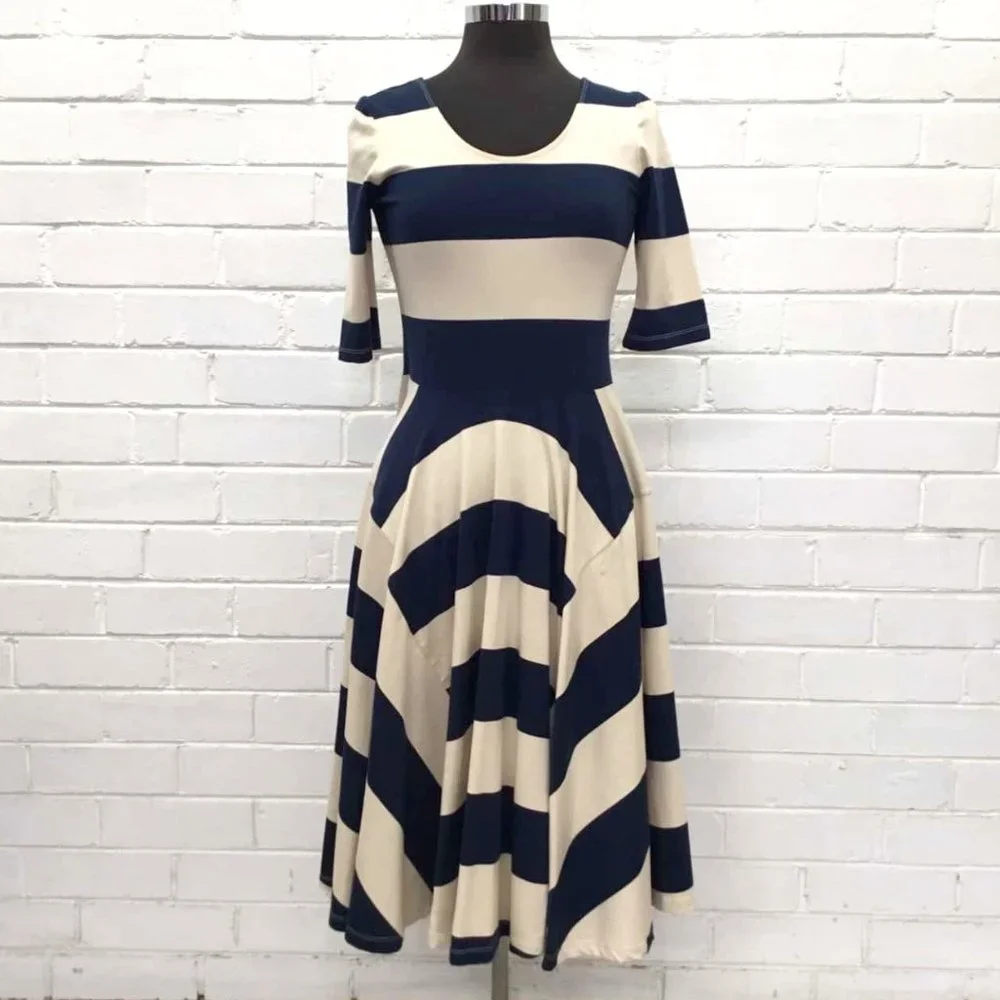 GORMAN Cotton Taylor Swift Navy Cream Parisian Stripe Fit and Flare Midi Dress - Picture 6 of 9